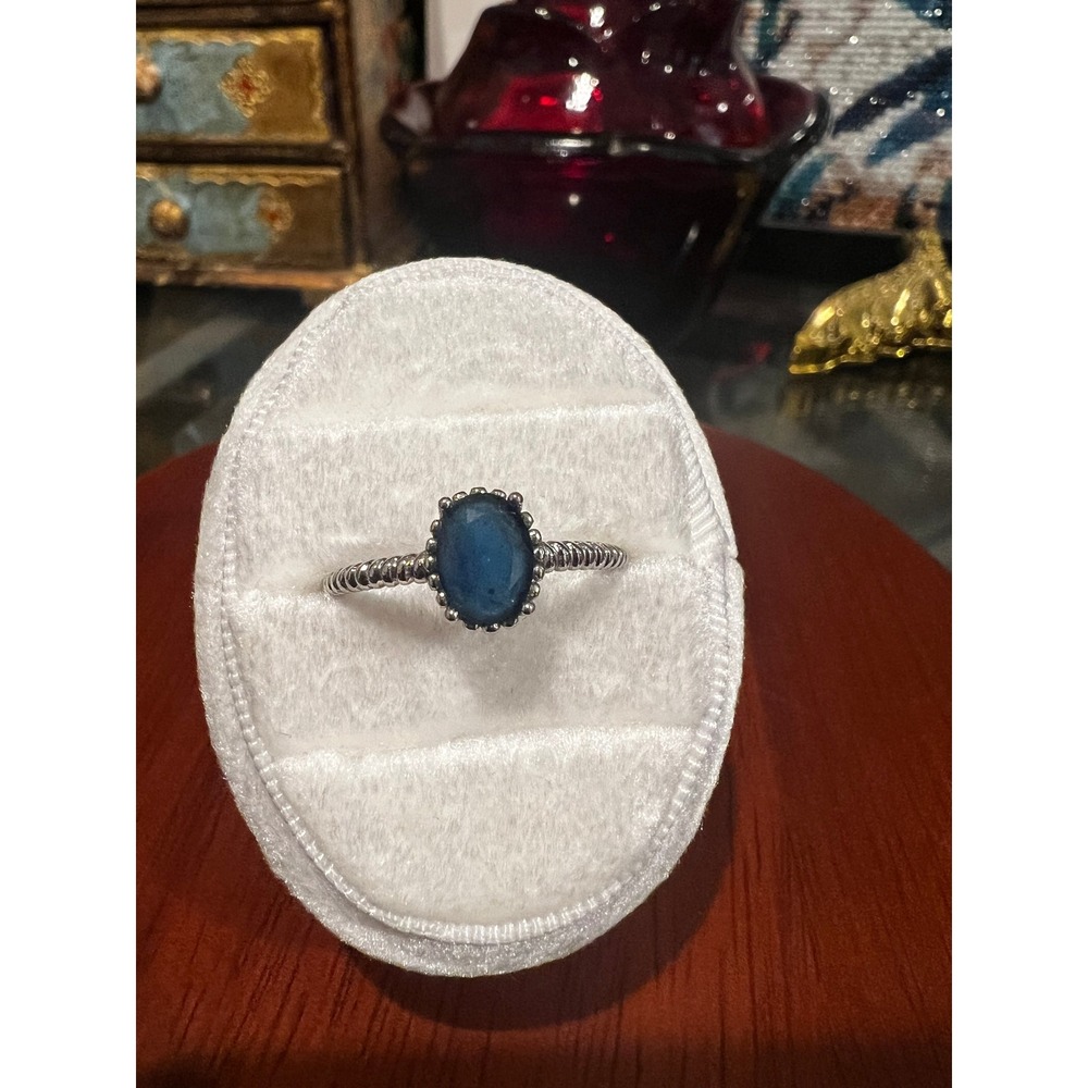 Vtg Silver Tone Oval Blue Stone Scalloped Bezel Rope Band Ring Size 9.5